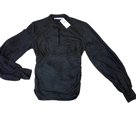 Red by BKE Top Balloon Sleeve Ruched Keyhole Neck Shimmery Black Gold Sz S #286F - Picture 2 of 8